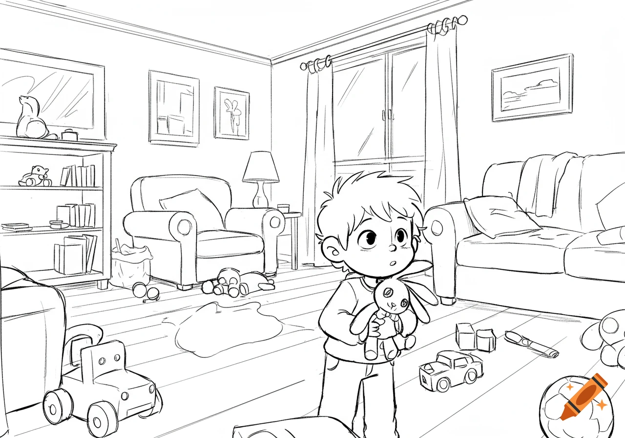 Line art sketch of a young boy holding a bunny in a messy living room.