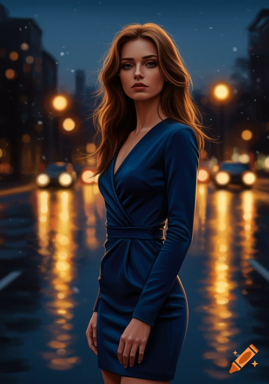A photorealistic image of a woman in a blue dress standing on a wet city street at night, with blurred lights in the background.