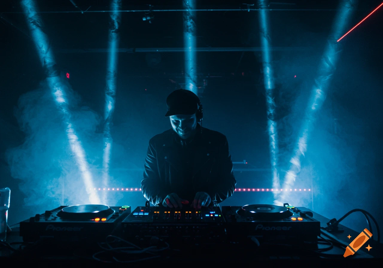 A DJ in a black cap and jacket, illuminated by blue stage lights and smoke, works a mixing console with turntables.