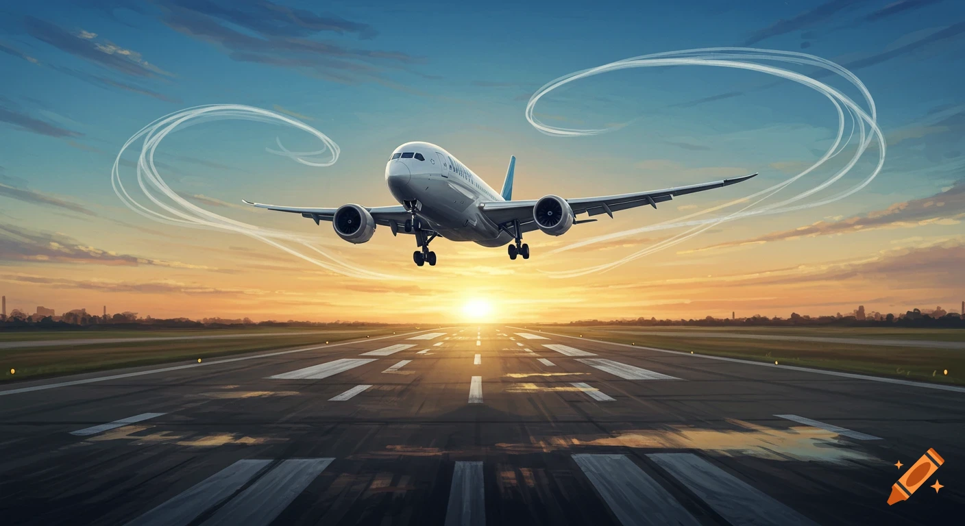 A large passenger airplane landing on a runway at sunset, with abstract swirling lines in the sky.