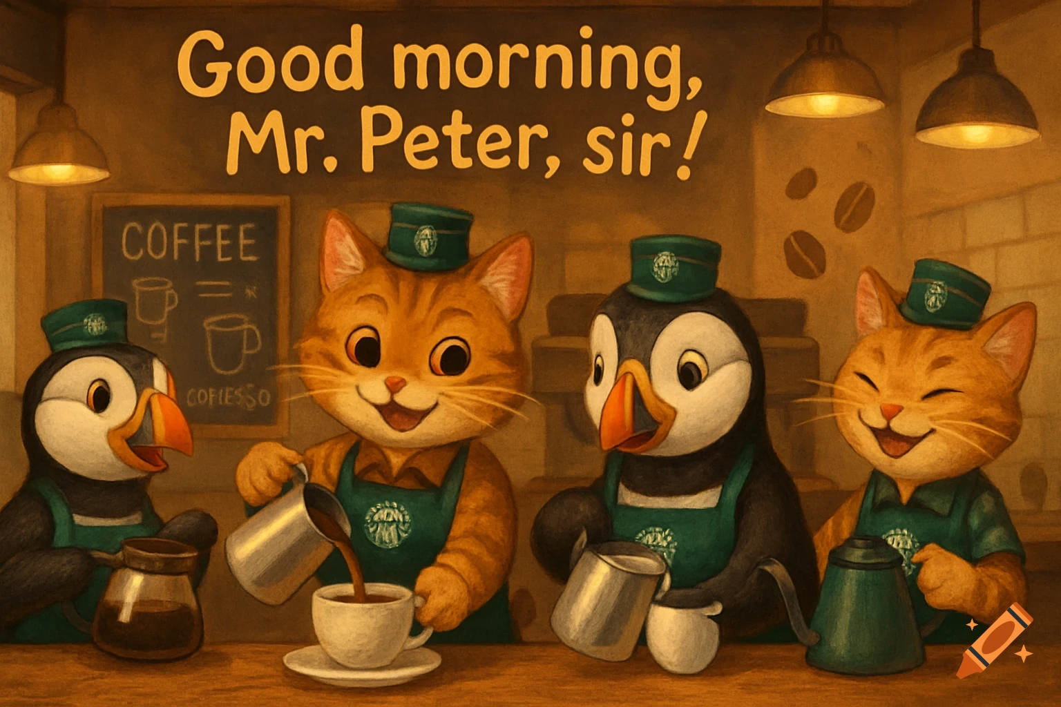 Cartoon cats and puffins in barista uniforms pour coffee. "Good morning, Mr. Peter, sir!" text above.