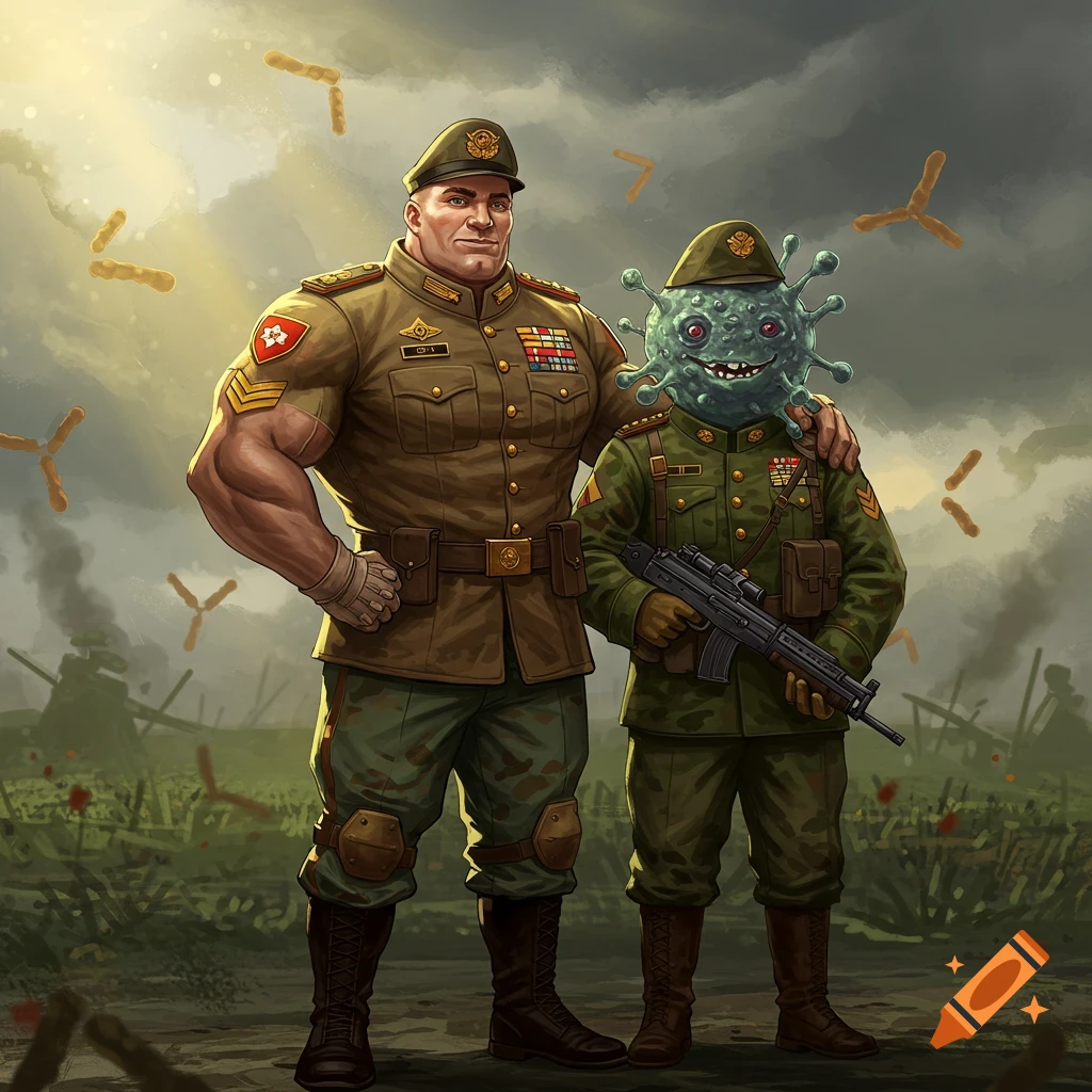 A muscular soldier and a virus-like creature in military uniforms stand in a war-torn battlefield, stylized illustration.