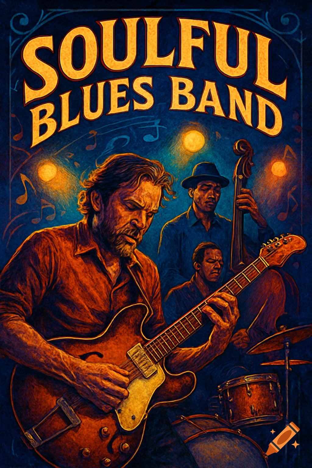 Stylized poster for a blues band, featuring a guitarist in the foreground, bassist, and drummer on a dark stage with glowing lights. Text reads 'SOULFUL BLUES BAND'.