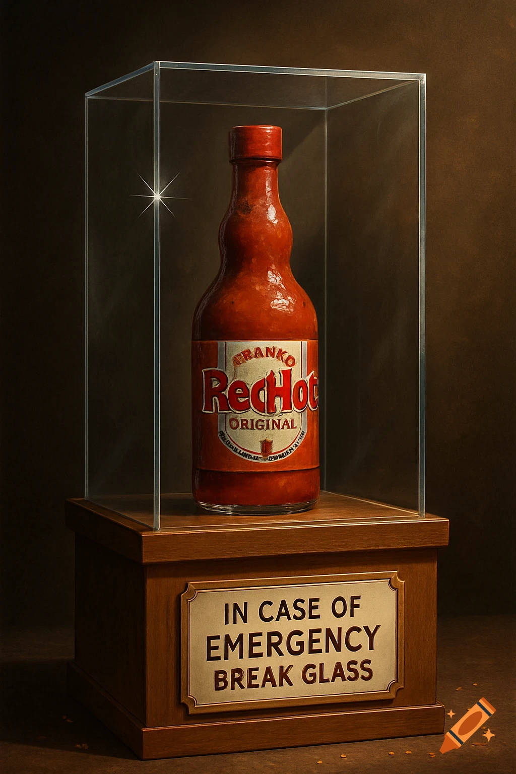 A bottle of red hot sauce is displayed in a glass case on a wooden pedestal with a brass sign reading "In Case of Emergency Break Glass".