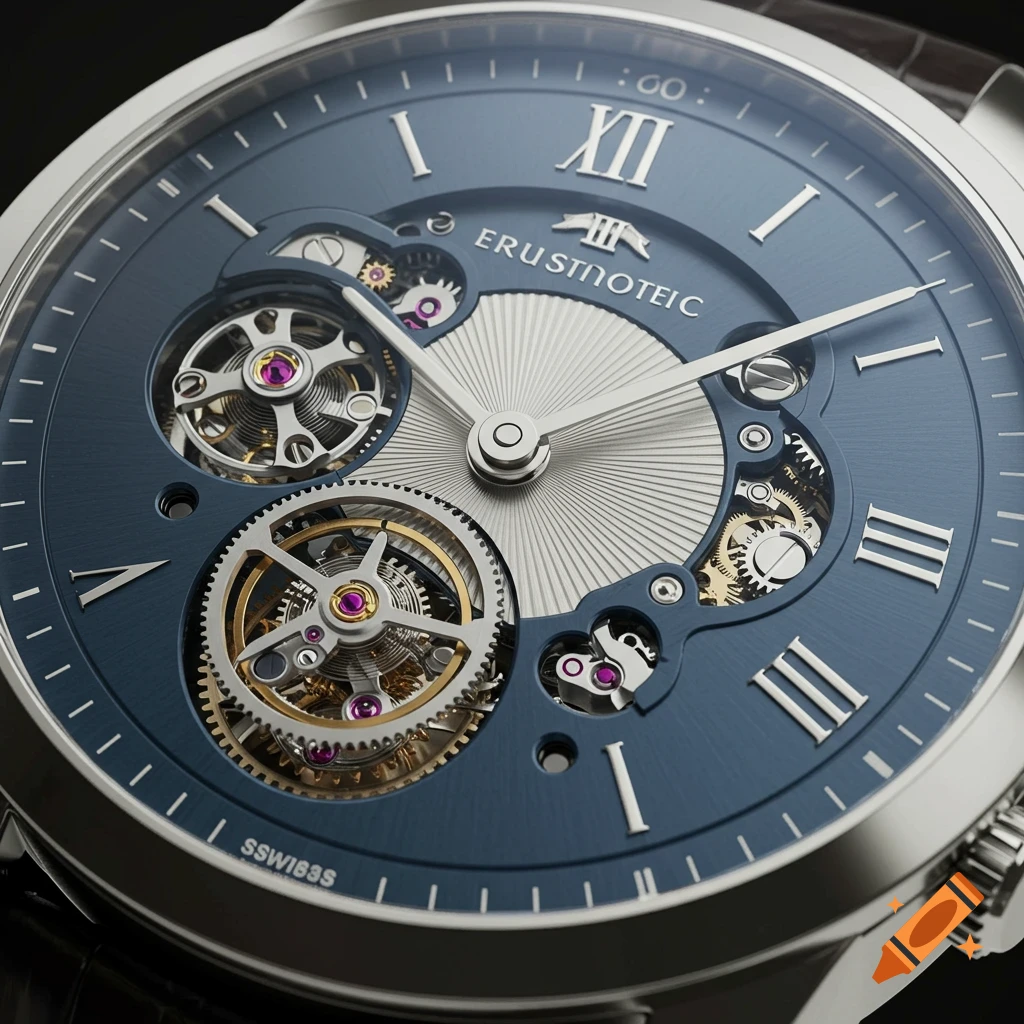 Close-up photorealistic image of a skeleton watch with a blue dial, silver Roman numerals, and exposed gears.
