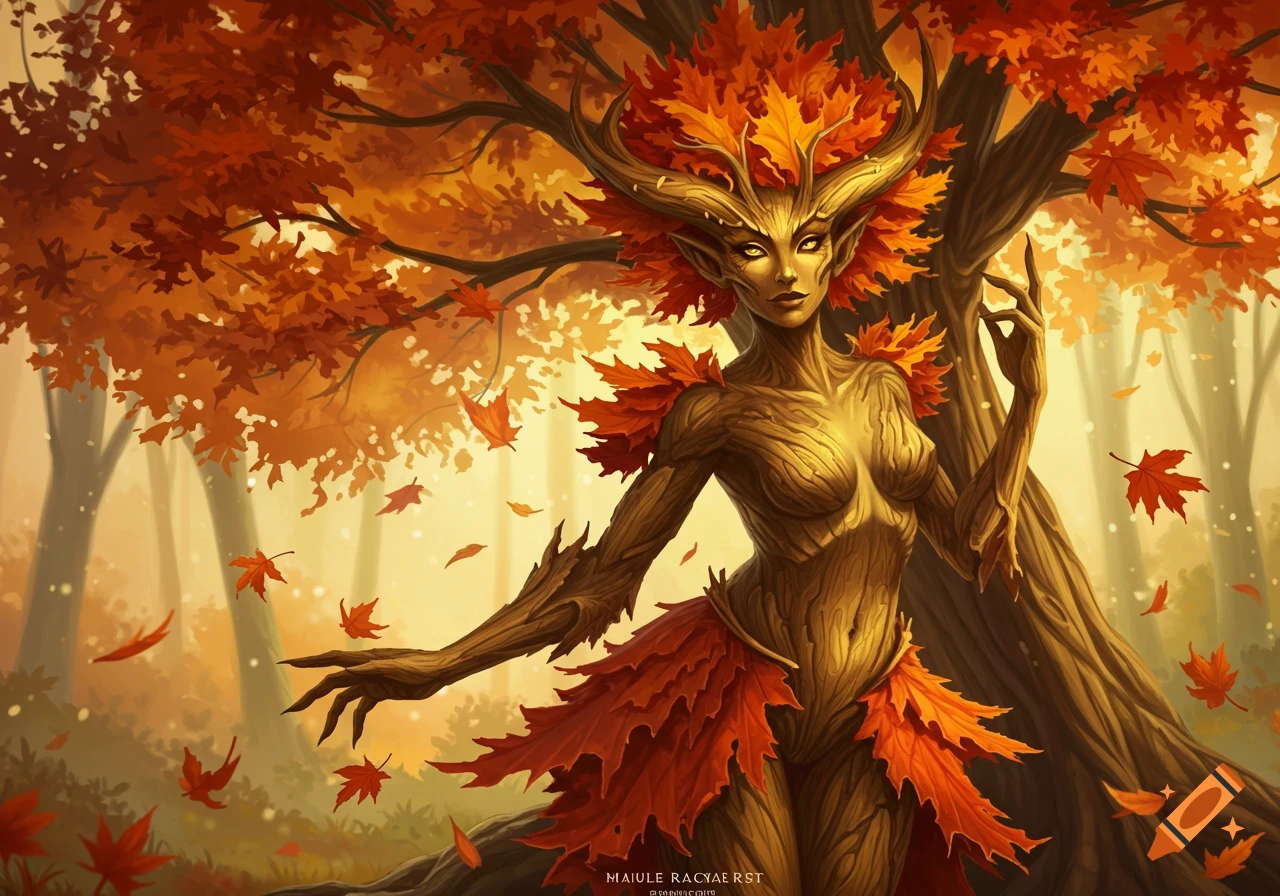 A detailed fantasy illustration of a dryad with bark-like skin, autumn leaves for hair and a skirt, standing in a warm-lit fall forest with falling leaves.