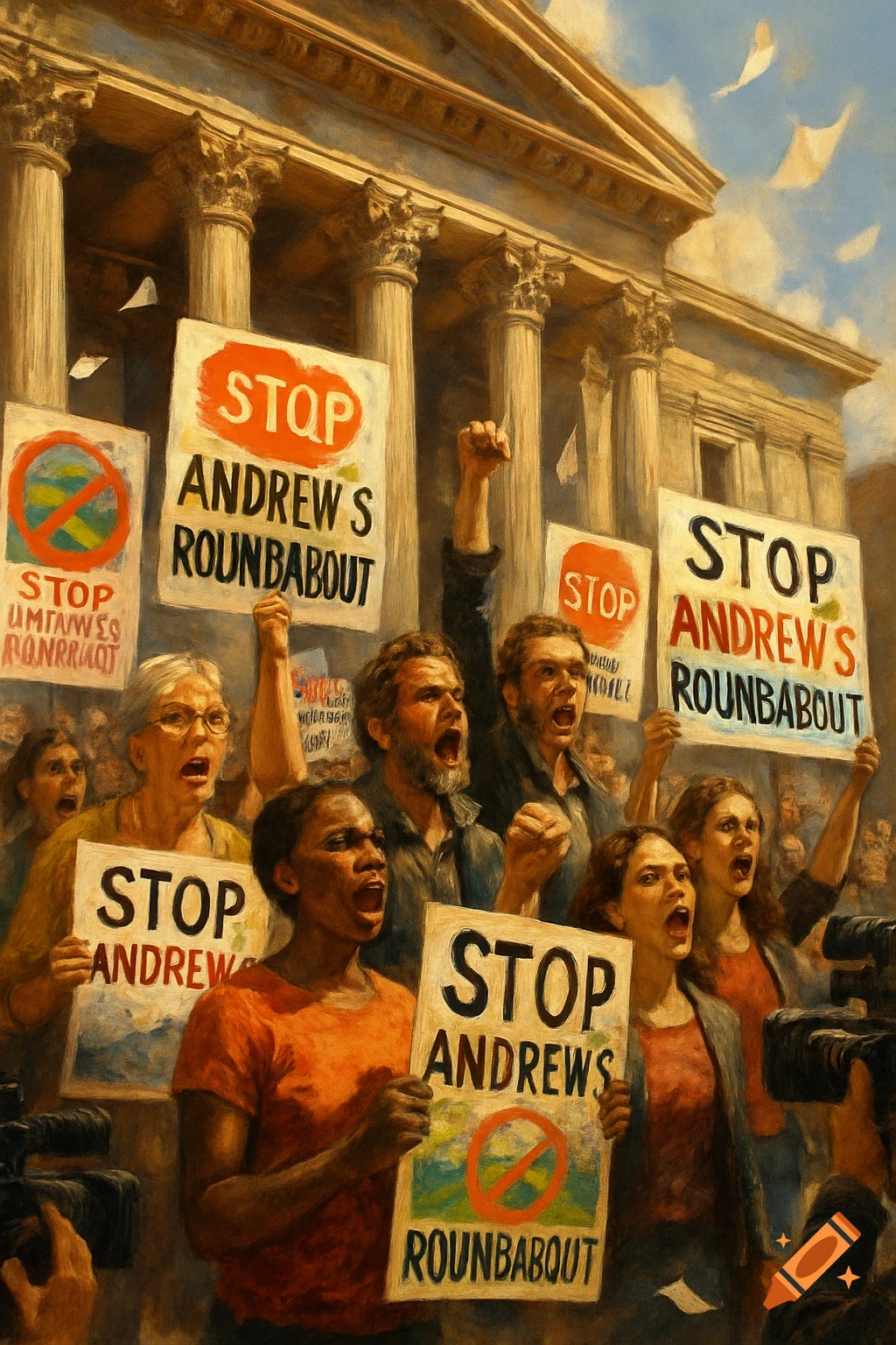 Painterly image of a diverse crowd protesting in front of a courthouse, holding "STOP ANDREW'S ROUNDABOUT" signs.