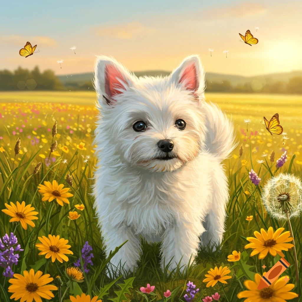 A cute white puppy stands in a field of yellow and purple wildflowers with butterflies under a sunny sky.
