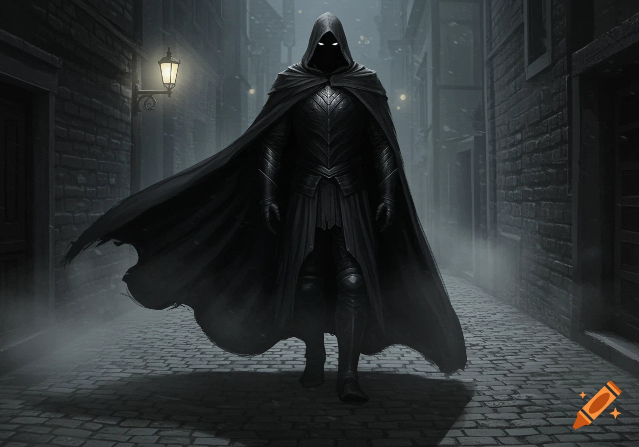A tall, shadowy figure in black medieval armor and a hooded cape walks down a misty, cobblestone alley at night, with glowing eyes.