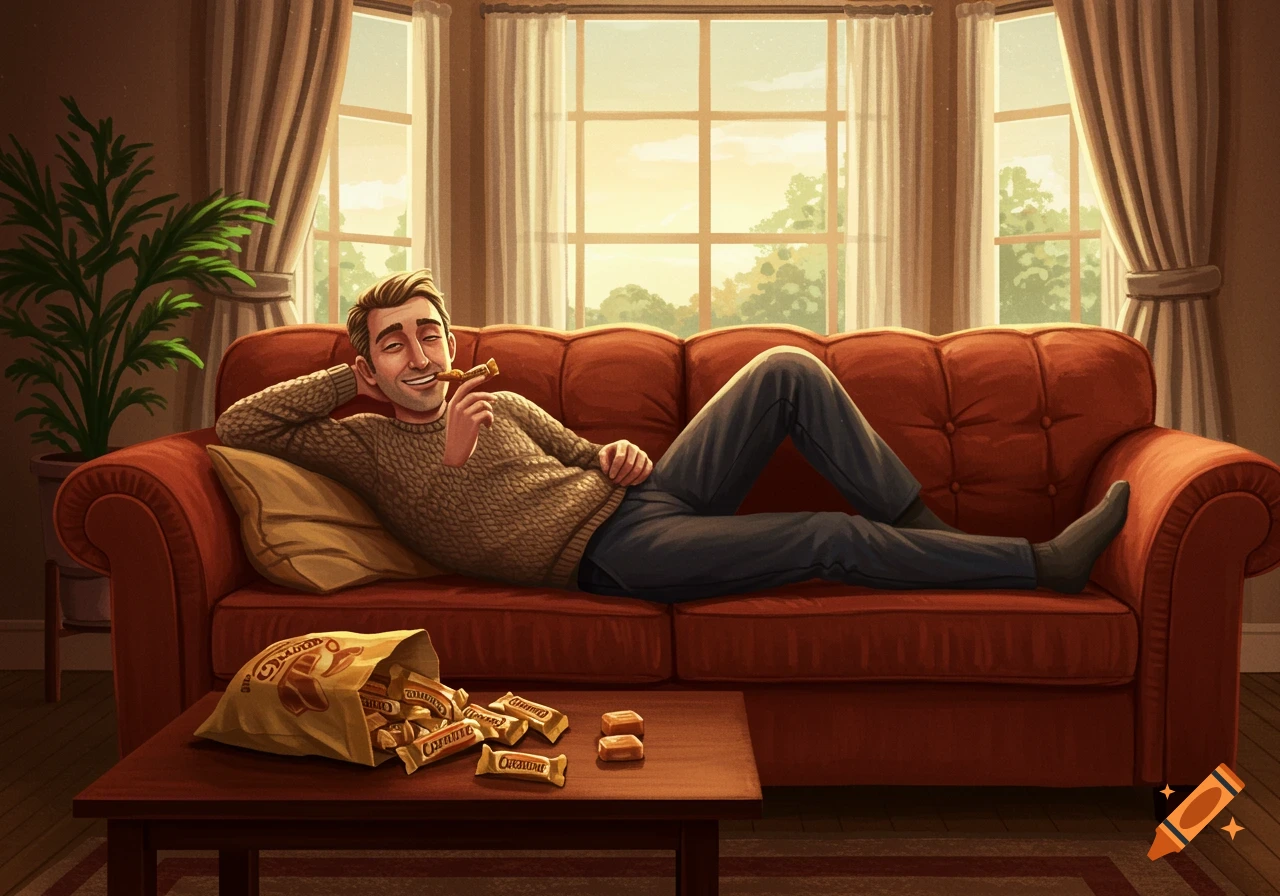 A man in a sweater relaxes on a red couch, eating 'Caramac' candies from a bag on a coffee table.