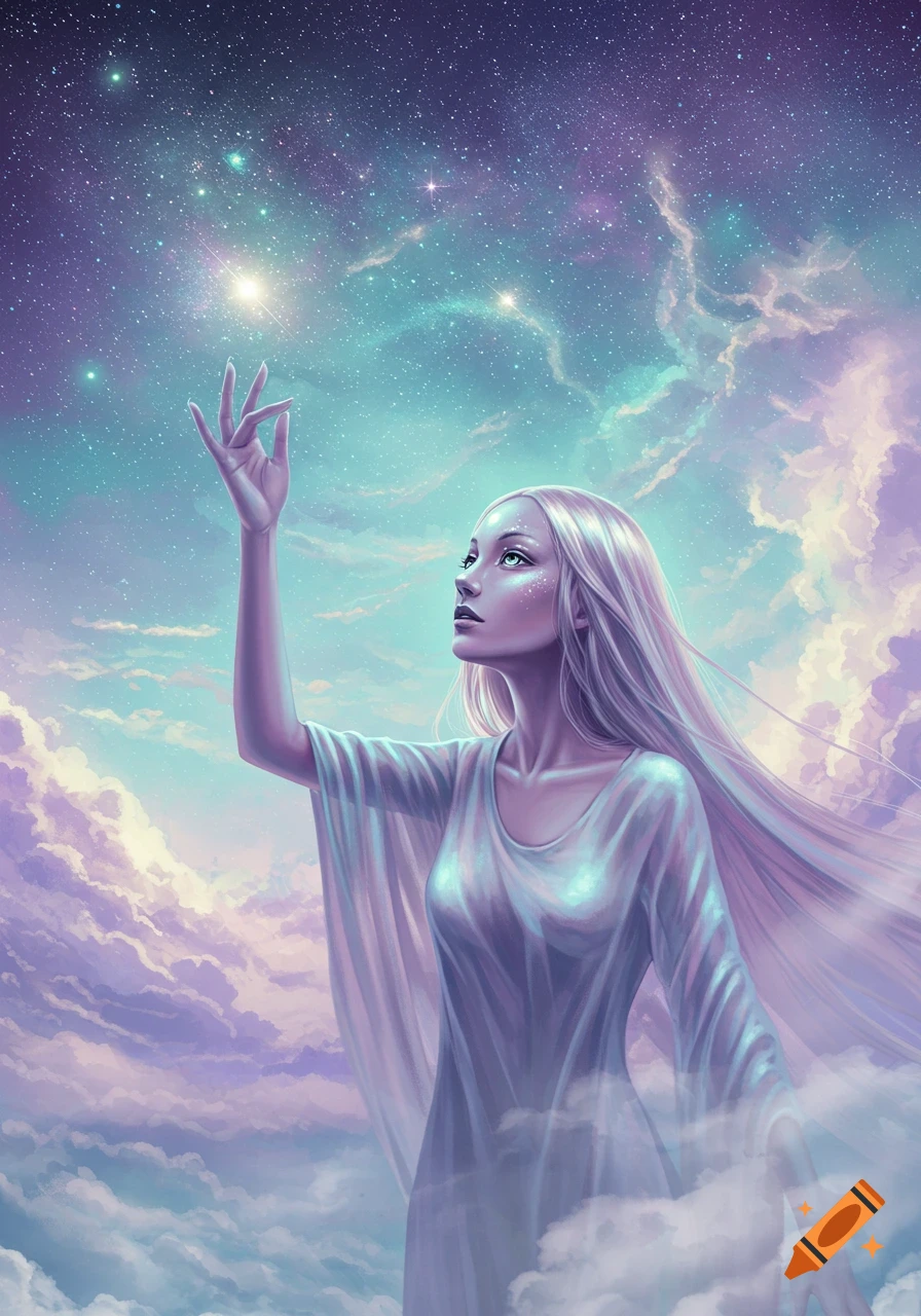 A celestial woman with long, flowing hair and purple-tinged skin reaches towards a vibrant, starry night sky with ethereal clouds in shades of purple and blue.