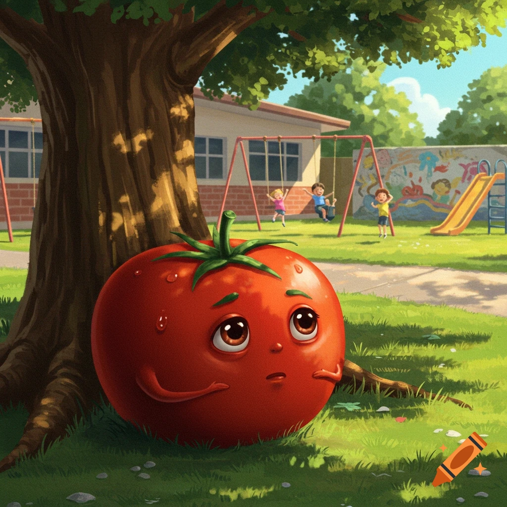 A large, sad-looking cartoon tomato with eyes and small arms sits under a tree at the edge of a sunny school playground where children play.