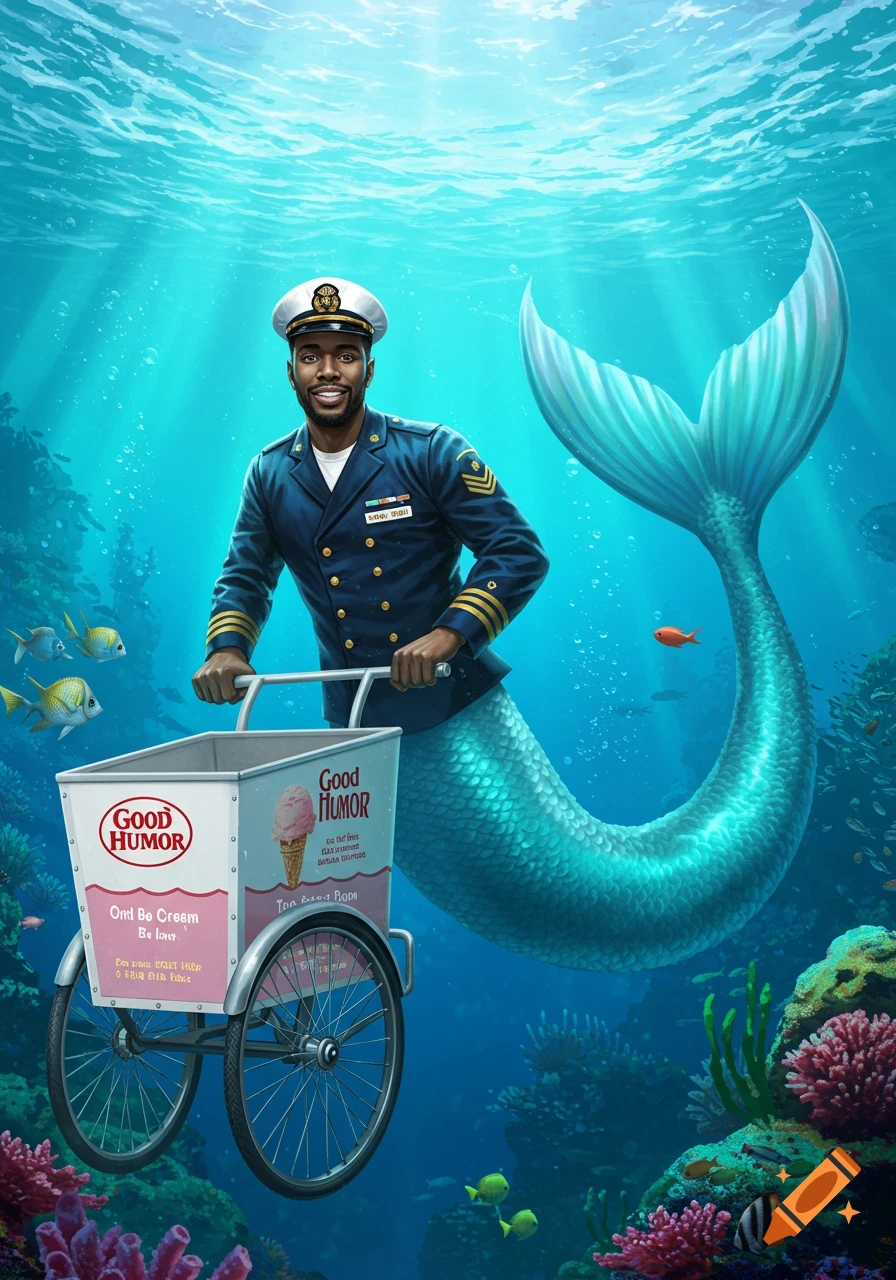 A smiling dark-skinned merman in a navy captain's uniform and cap pushes a "Good Humor" ice cream cart underwater, surrounded by fish and coral.