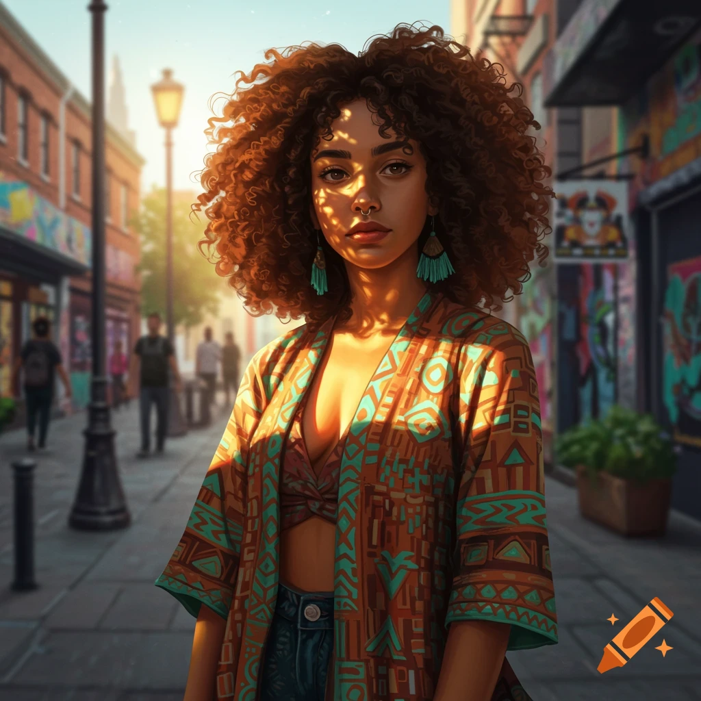 A young woman with curly brown hair and a patterned kimono stands on a sunny urban street.