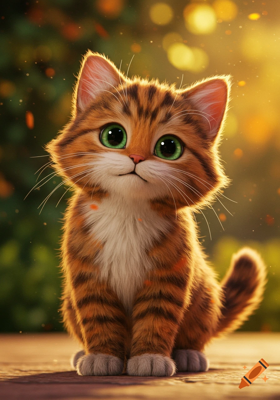 A cute Pixar-style orange tabby kitten with big green eyes sits in golden sunlight.