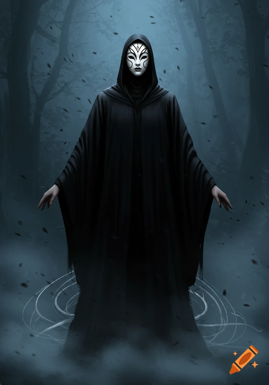 A hooded figure wearing a white, ornate mask stands in a dark, misty forest, with swirling lines on the ground.