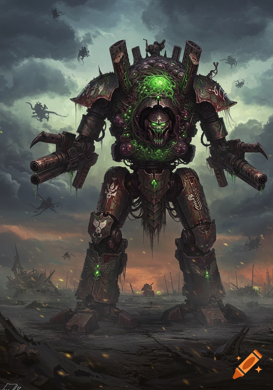 A massive, corrupted, dark green and brown sci-fi mech with glowing green eyes and organic growths stands in a stormy, ruined landscape.