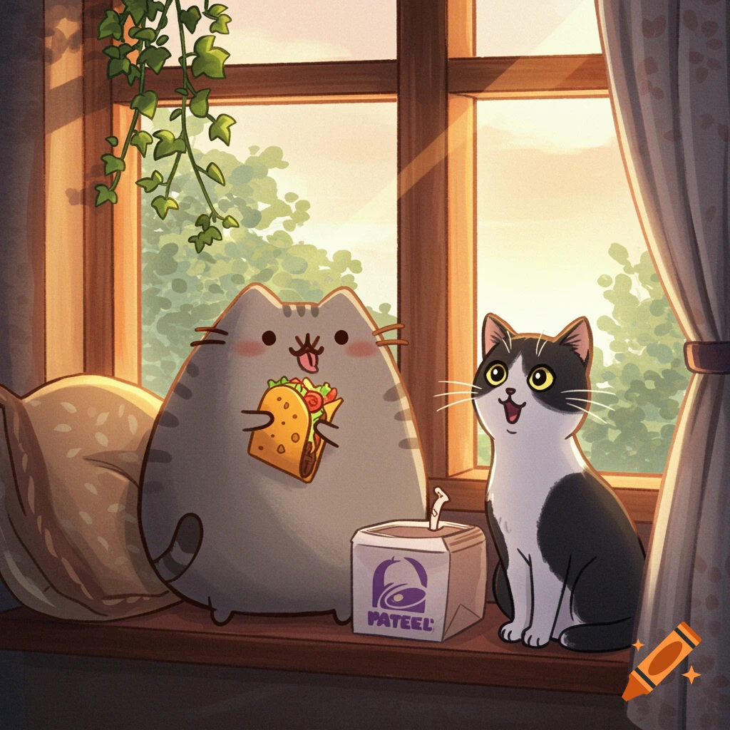 A grey Pusheen-like cat holds a taco next to a black and white tuxedo cat and a "PATEEL" box, all sitting by a sunlit window.