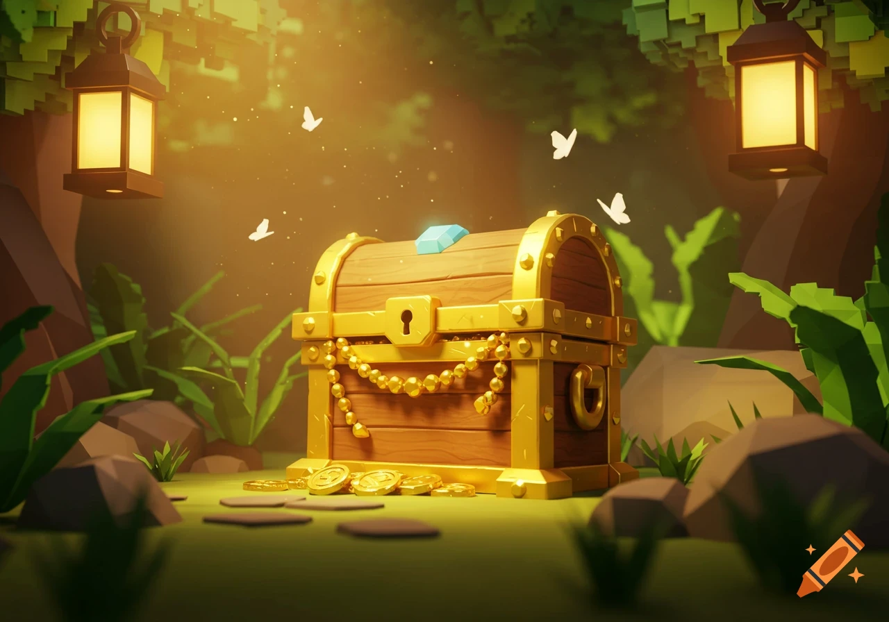 Stylized wooden treasure chest with gold accents and a blue gem on a forest floor with coins, low-poly plants, and lanterns.