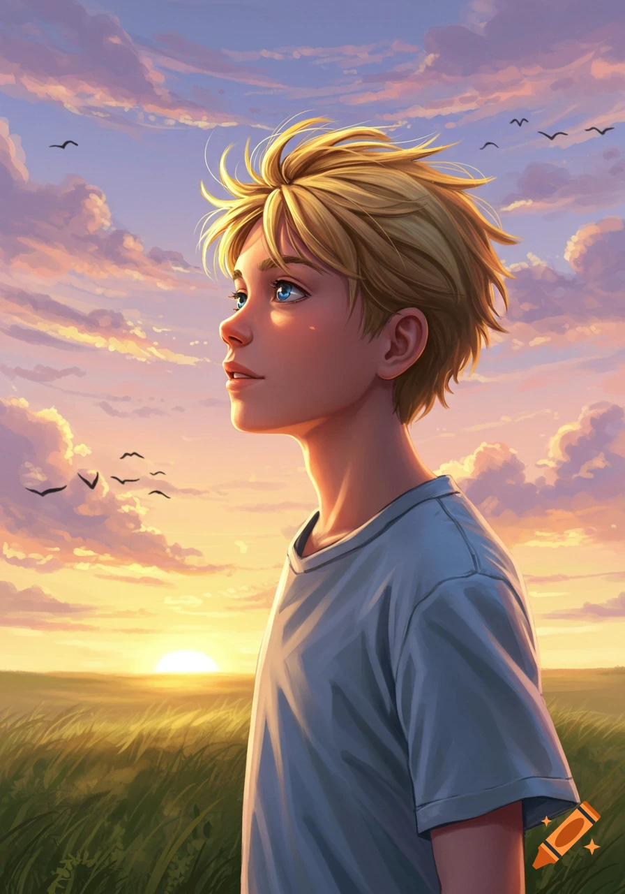 A digitally painted blond boy with blue eyes looks up and away, standing in a field at sunset with birds in the colorful sky.
