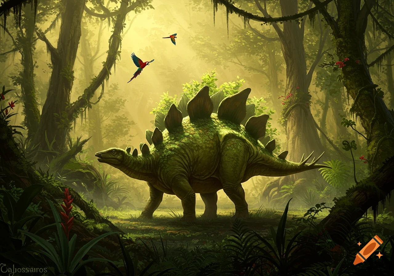 A large green Stegosaurus with prominent back plates stands in a lush, misty jungle, with two parrots flying overhead.