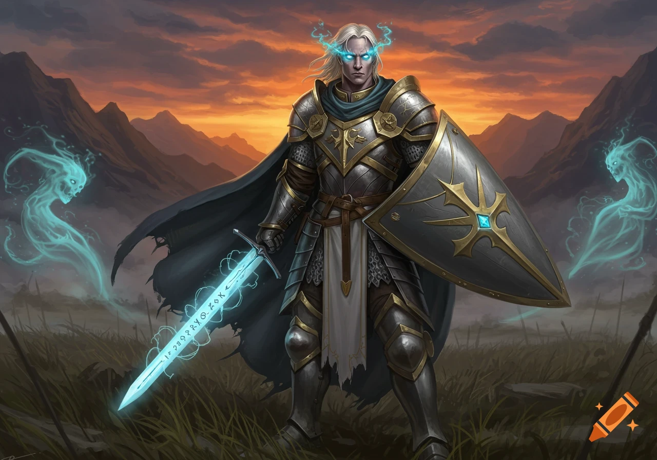 A fantasy knight in ornate armor with glowing blue eyes, holding a runic sword and shield, accompanied by ethereal spirits in a sunset landscape.
