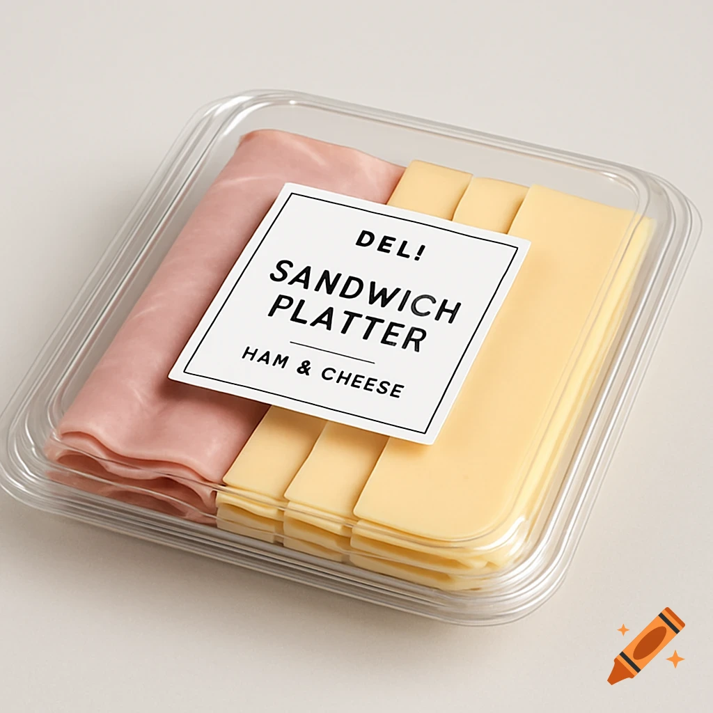 A realistic product image of a clear plastic sandwich platter containing sliced ham and cheese, with a white label.