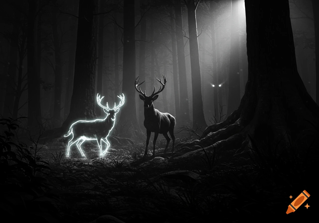 A glowing deer and a dark deer stand in a mystical, dark forest with glowing eyes in the background. Monochrome fantasy art.