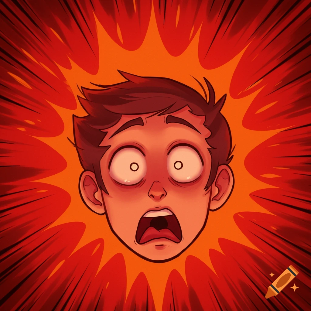 A cartoon face with wide eyes and an open mouth, depicting shock, against a red and orange background with radiating lines.