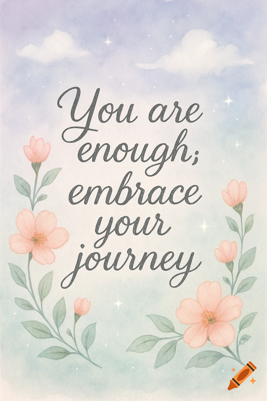 A soft watercolor illustration featuring the quote "You are enough; embrace your journey" in a script font, surrounded by delicate pink flowers and green leaves, with a pastel sky background.