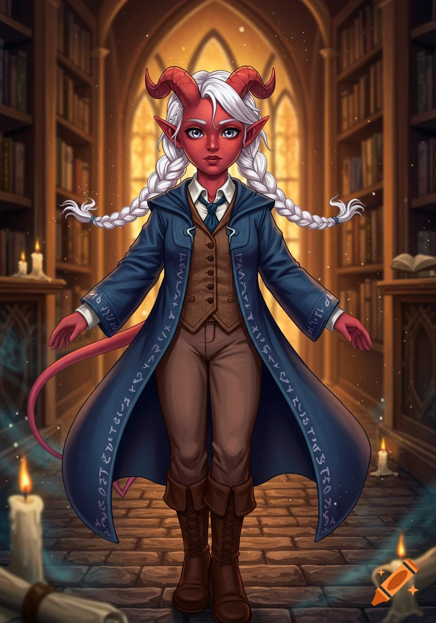 A red-skinned tiefling with white braided hair, wearing a blue wizard's robe and brown vest, stands in a magical library.