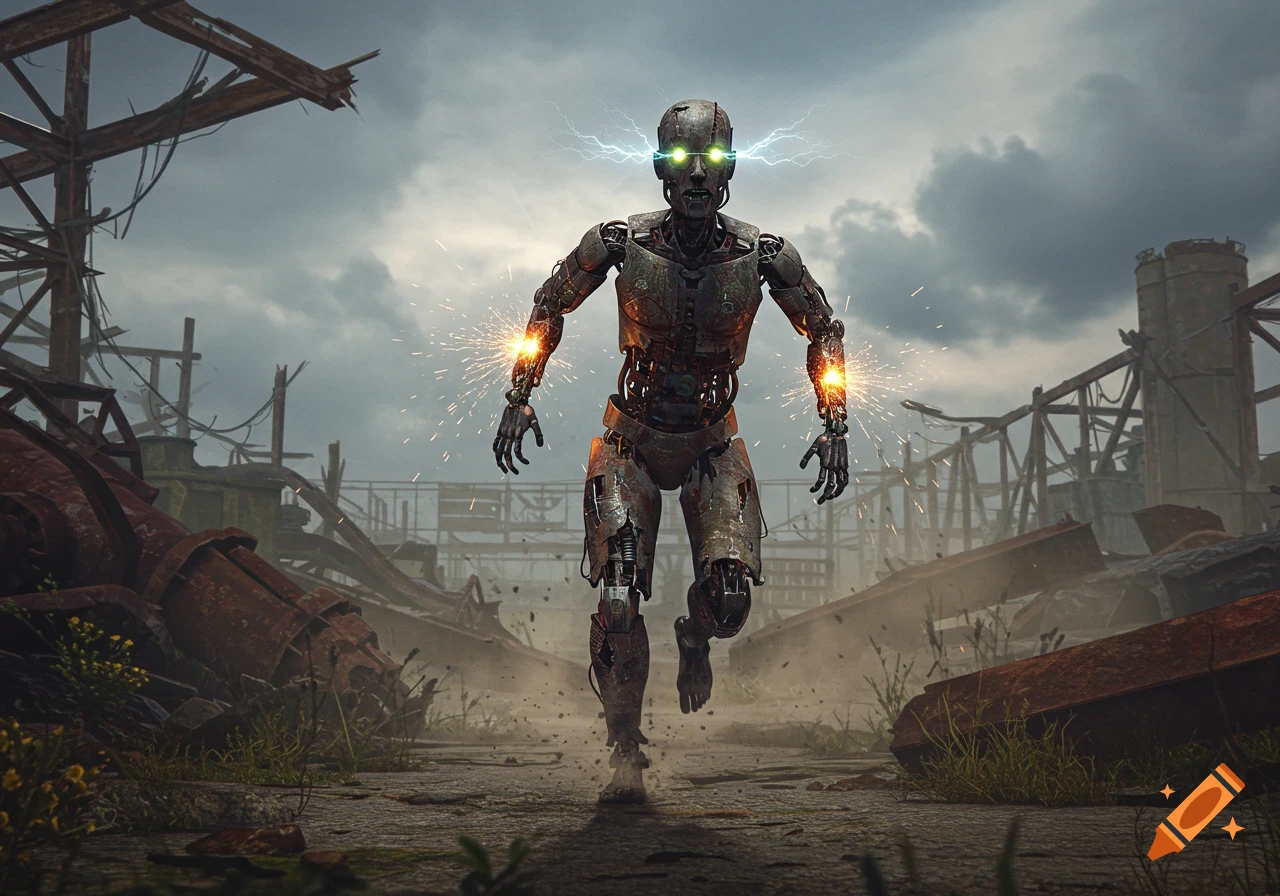 A menacing, broken-down robot with glowing green eyes and sparks from its arms runs through a desolate, ruined landscape under a cloudy sky.