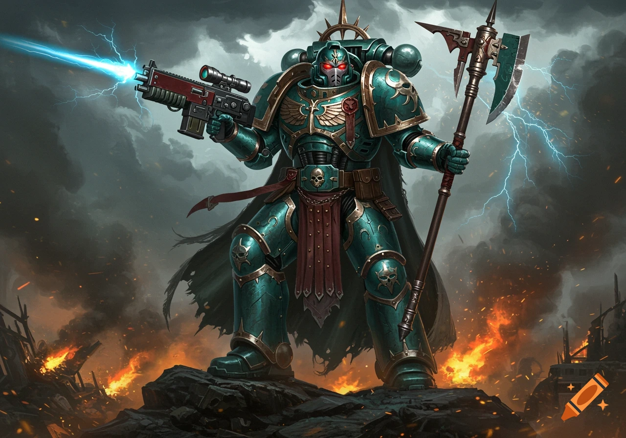 A teal and gold armored super soldier, reminiscent of Warhammer, with glowing red eyes, holds a lightning rifle and a halberd on a battlefield.