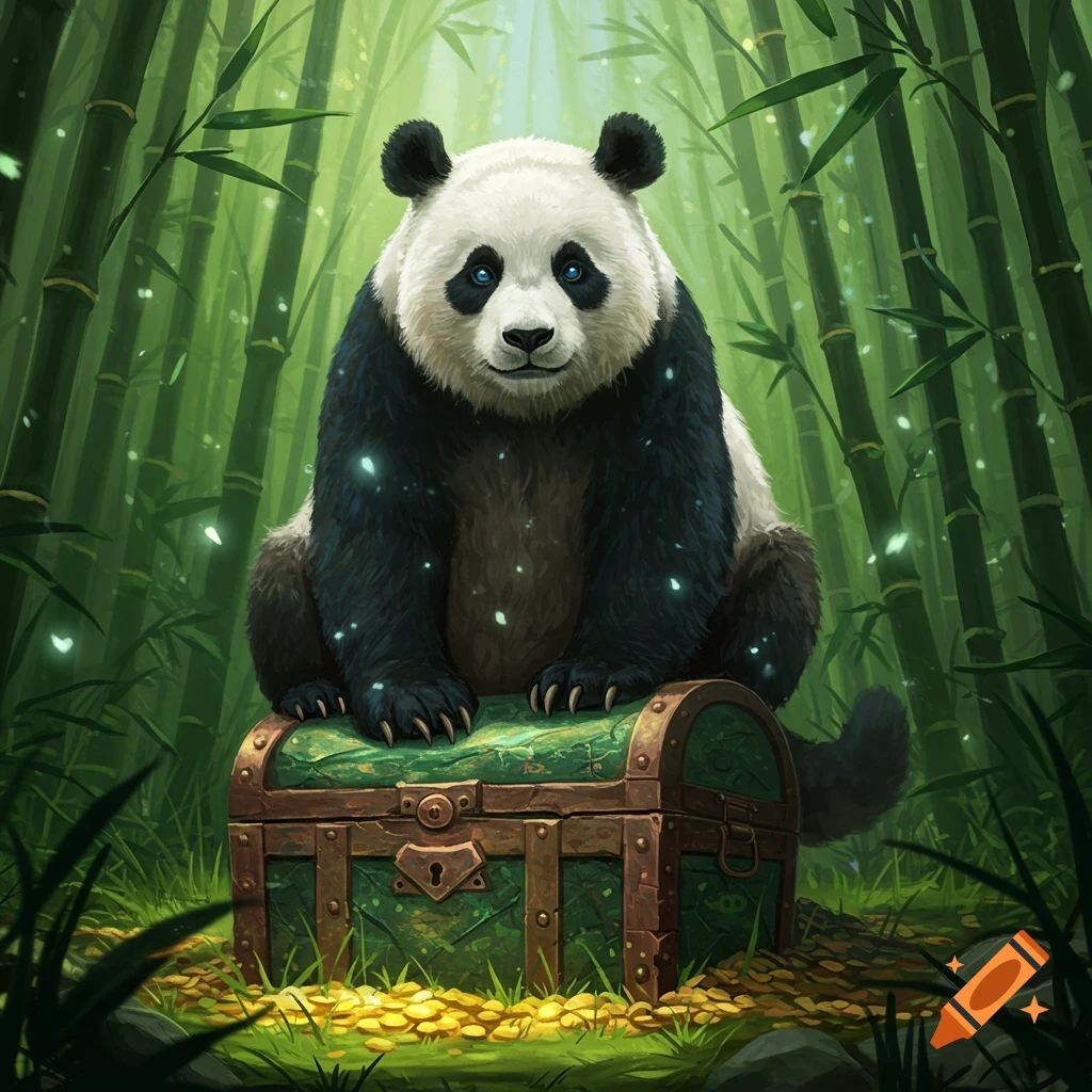 A cute panda with blue eyes sits on a green, ornate treasure chest in a luminous bamboo forest with sparkling lights.