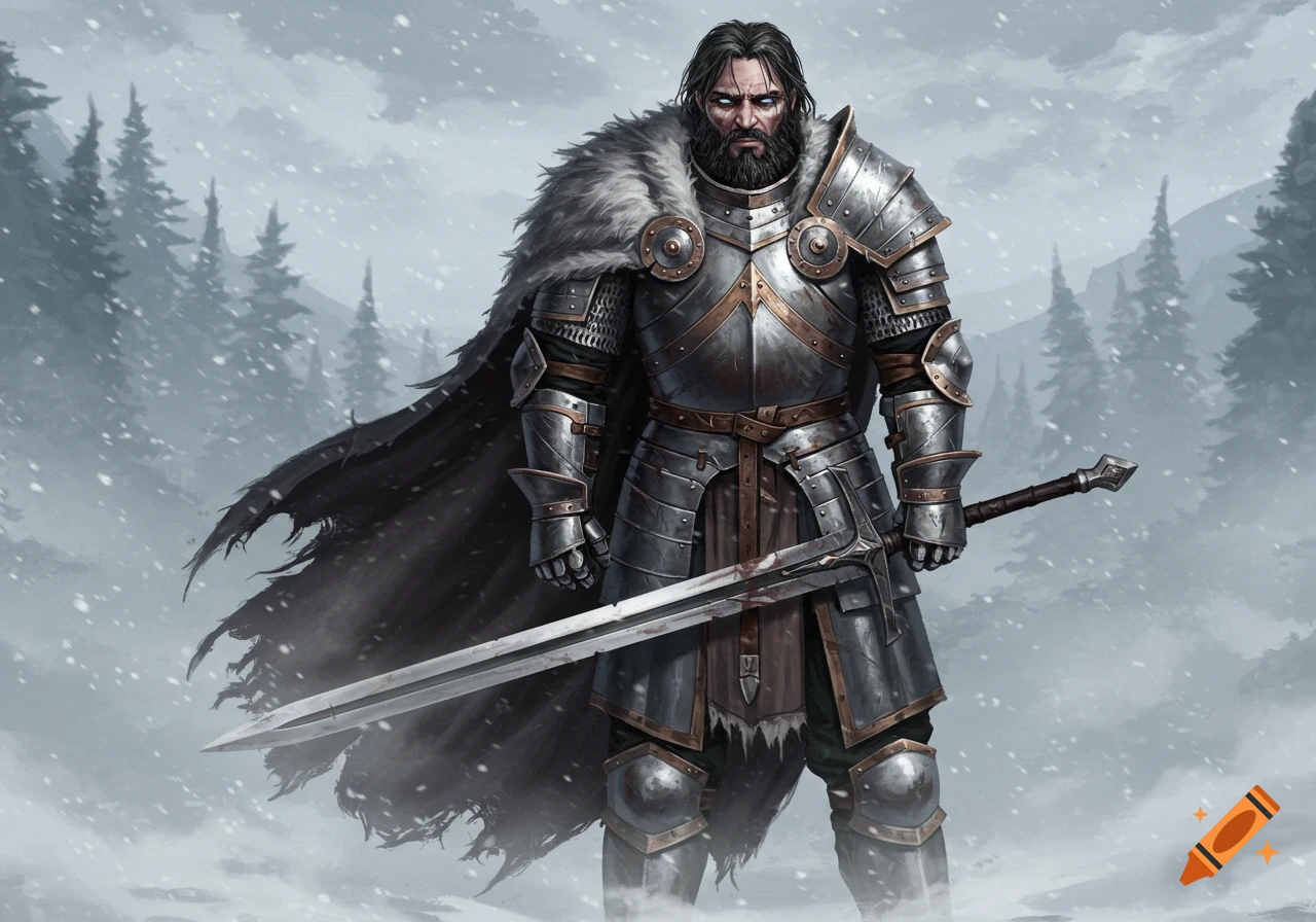 A stern knight in ornate steel and bronze armor, with a fur cloak and beard, stands in a snowy forest holding a greatsword.