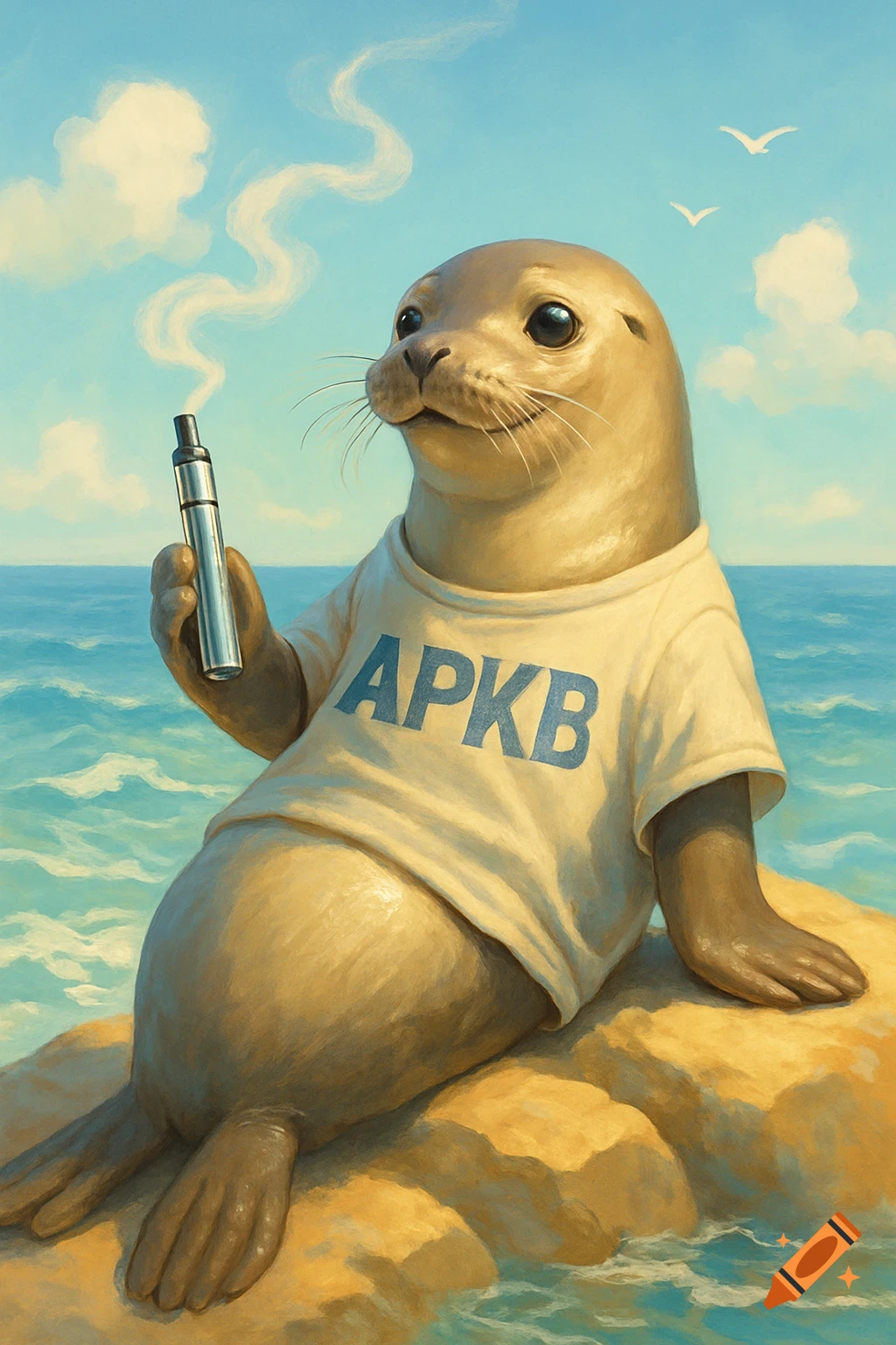 Digital painting of a seal in an 'APKB' t-shirt sitting on a rock by the ocean, holding a vaping device with smoke. Seagulls fly in the sky.