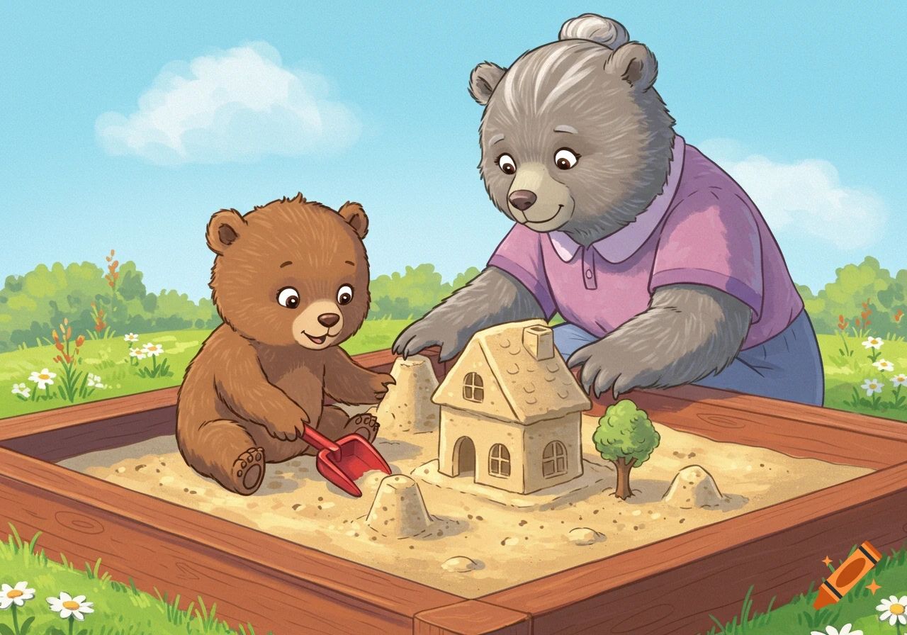 A cute cartoon baby bear and a grandma bear play in a sandbox, building a sandcastle outdoors.