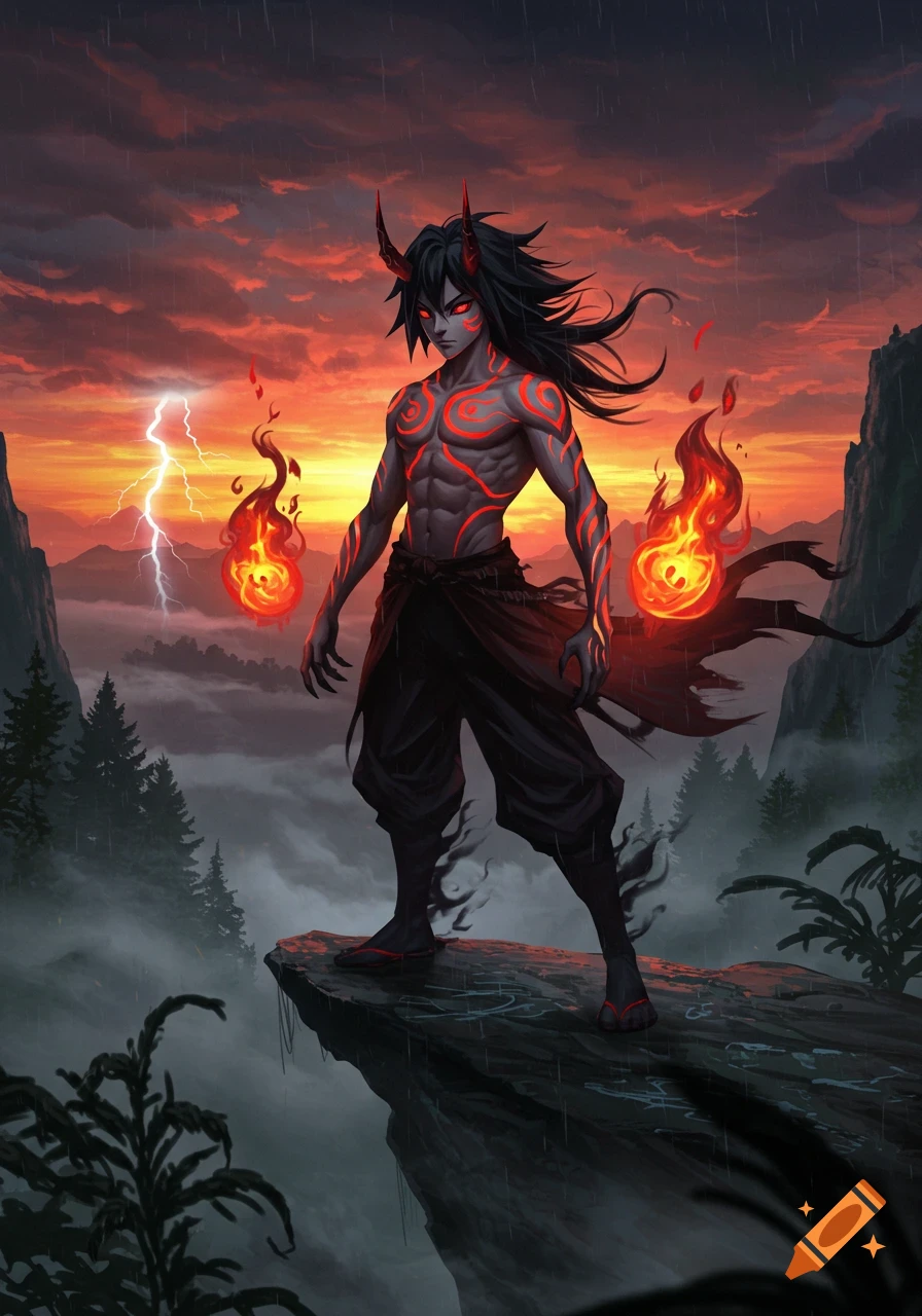 A demon-like man with black hair, red horns, and red tribal markings stands on a cliff holding fireballs, against a stormy sunset sky with lightning.