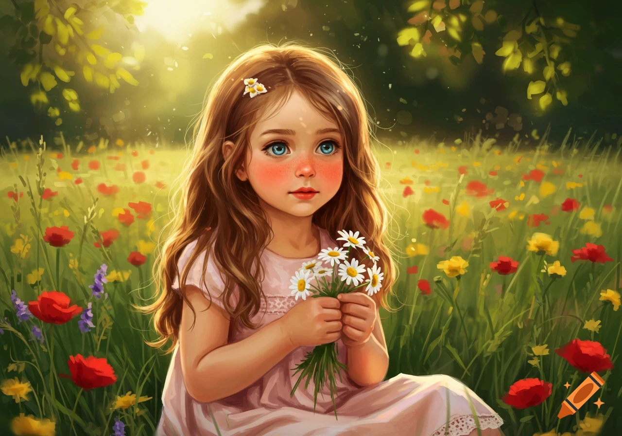A five-year-old girl with long brown hair and blue eyes sits in a field of colorful wildflowers, holding a bouquet of daisies, in a vibrant digital art style.