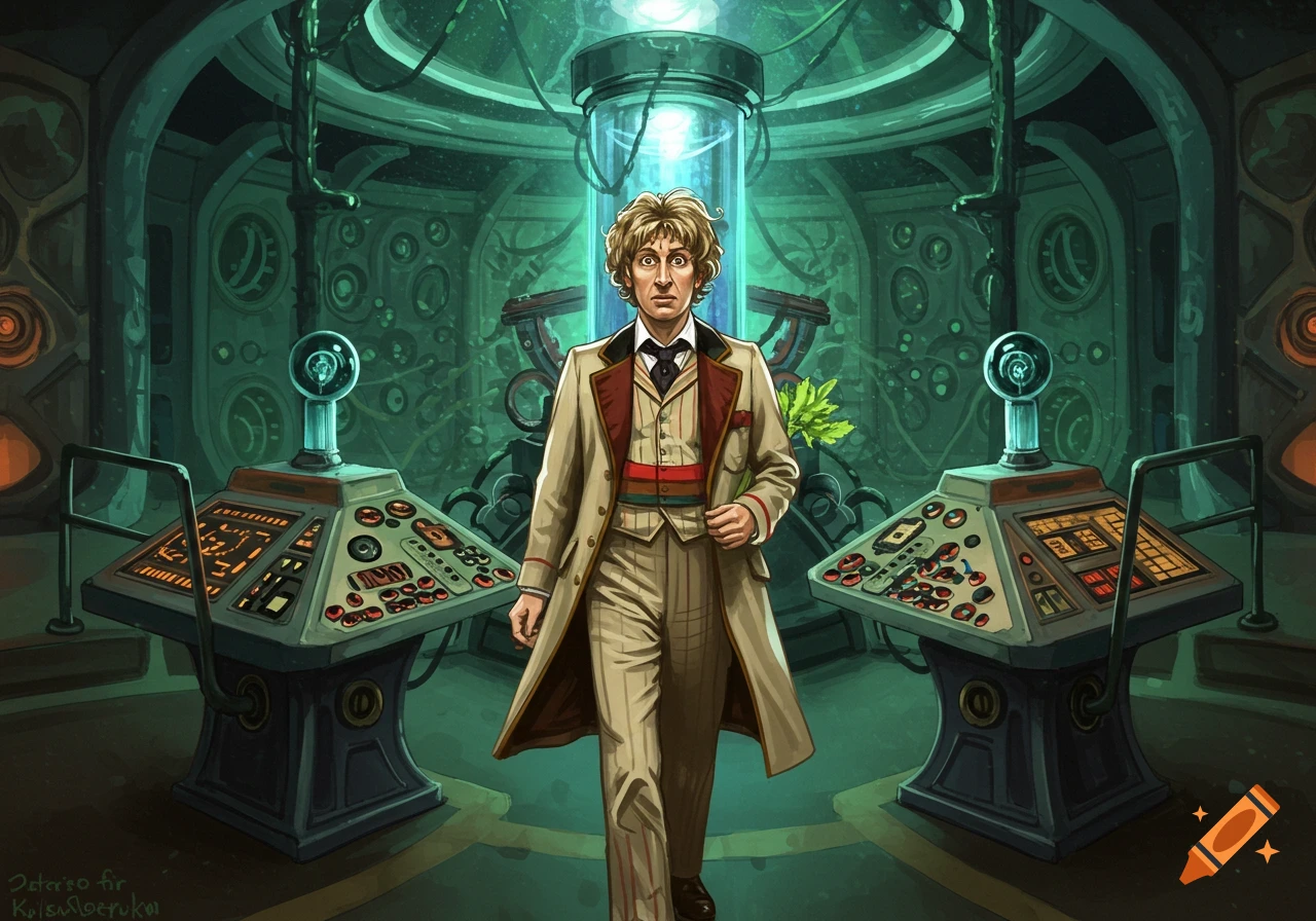An illustration of the Fifth Doctor, a man with curly blonde hair in a beige coat and striped vest, walking forward in a teal-lit, futuristic control room with consoles.