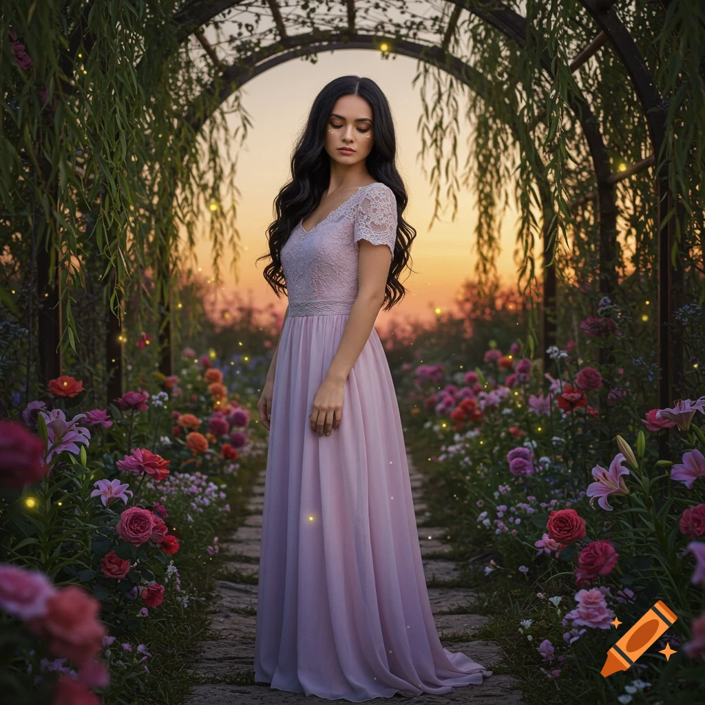 A woman in a pink dress stands on a stone path in a magical garden filled with colorful flowers and glowing lights at sunset, photorealistic style.