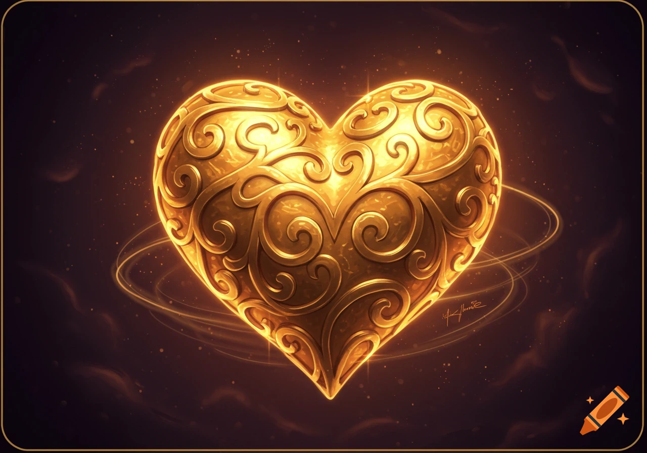 A glowing, ornate golden heart with intricate scrollwork patterns, surrounded by luminous rings on a dark, ethereal background.