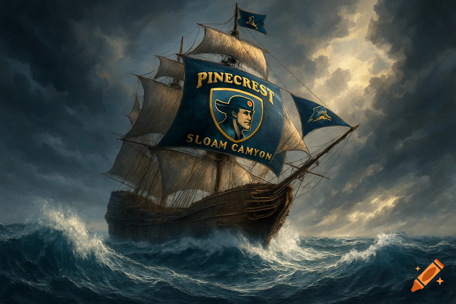 A majestic pirate ship with blue sails bearing the 'PINECREST SLOAM CAMYON' logo navigates a stormy, wavy ocean under dark clouds.