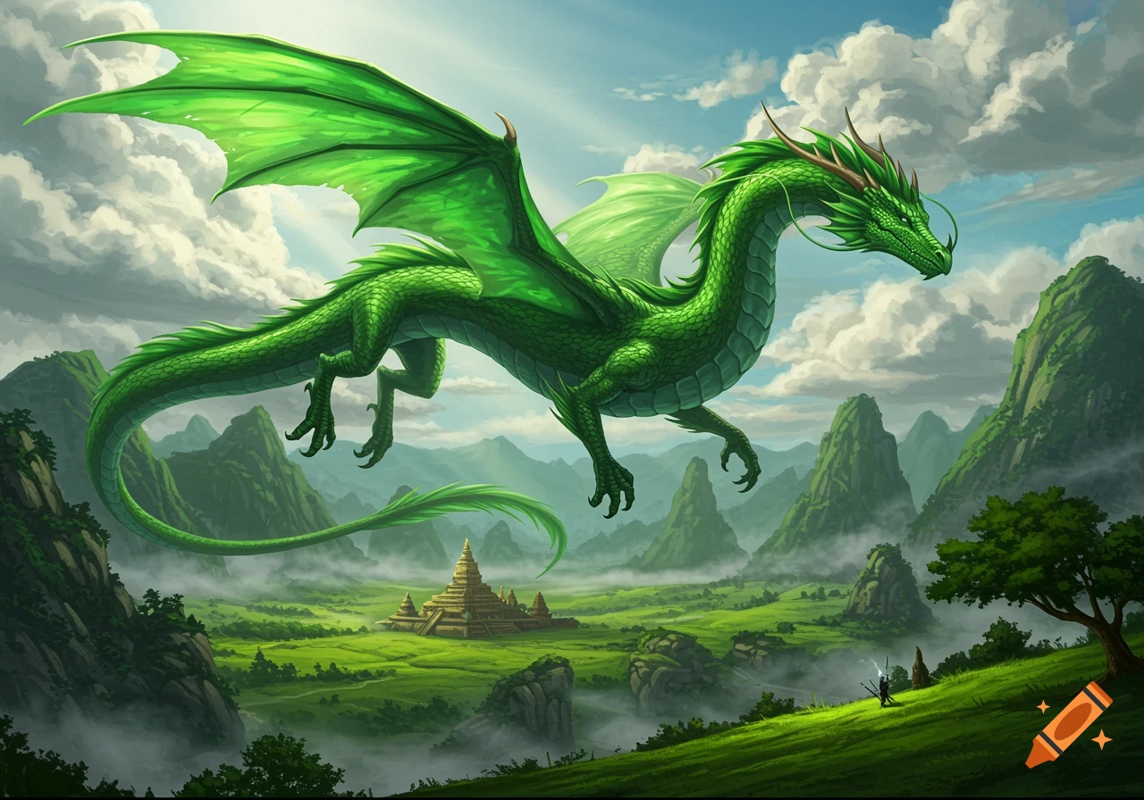 A vibrant green dragon soars over a majestic green valley with towering mountains and an ancient golden temple, an adventurer stands on a hill below.