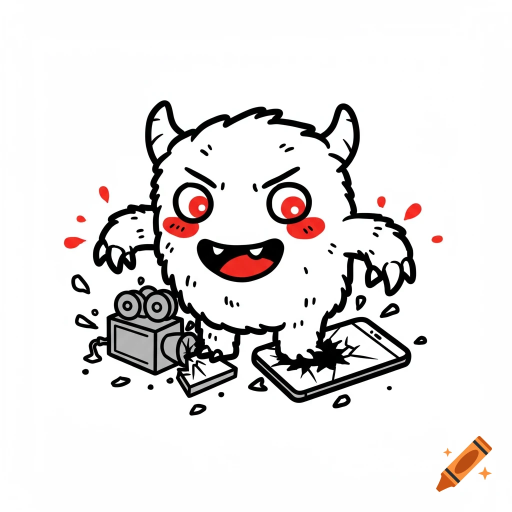 A cartoon monster with red eyes and blush smashing a video camera and a broken smartphone with its foot, on a white background, in a simple black, white, and red style.