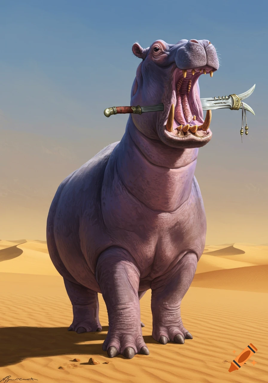 A large, purple hippo with a curved knife in its mouth stands in a vast desert with sand dunes.