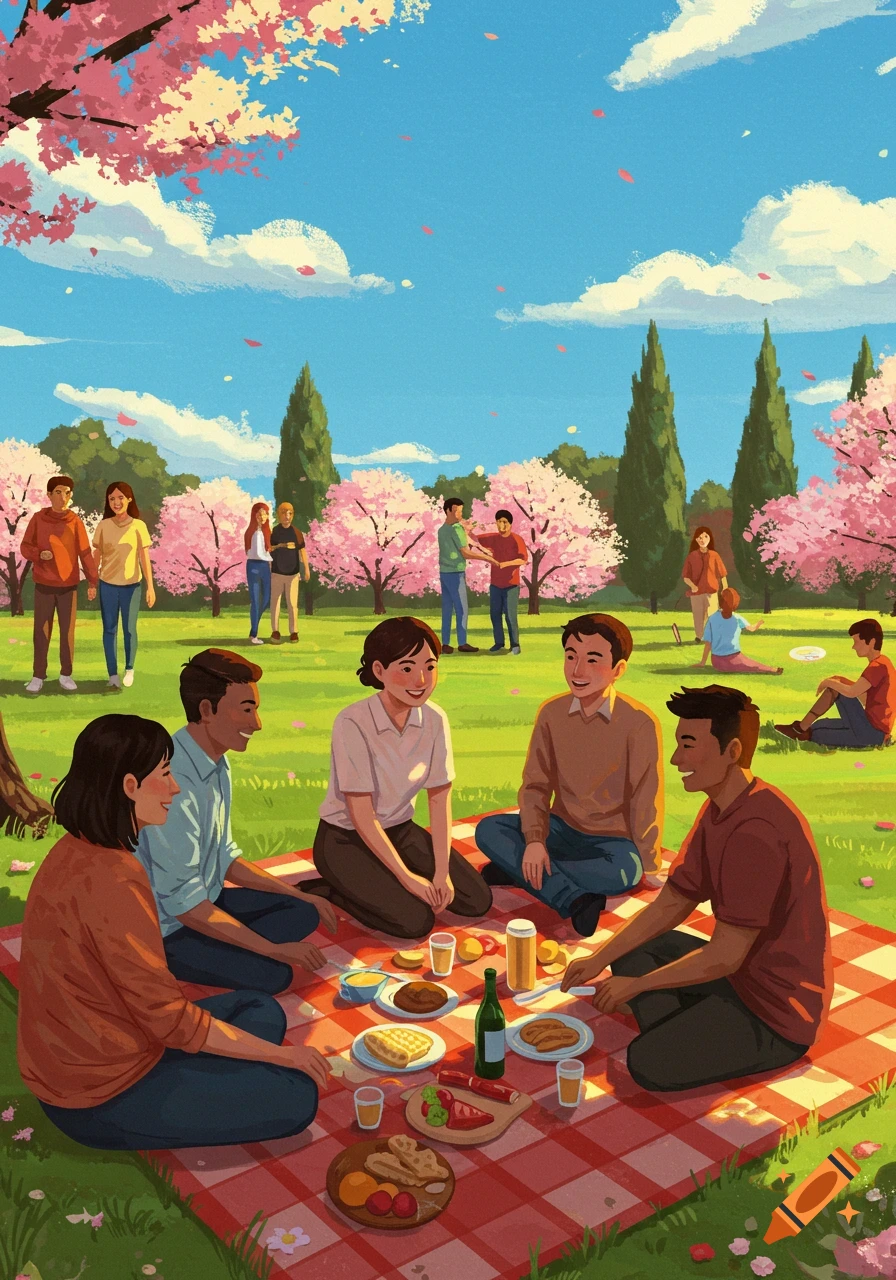 An illustration of people picnicking in a park filled with pink cherry blossom trees under a blue sky, with other people enjoying the park in the background.