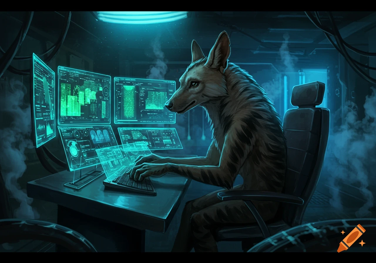 An anthropomorphic aardwolf sits at a desk in a dark, sci-fi room, typing on a keyboard with multiple glowing blue computer screens showing data.