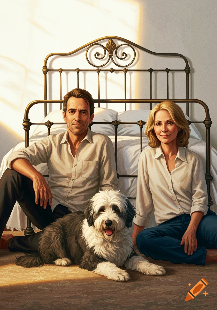 A man and a woman sit on the floor with a fluffy dog in front of an antique iron bed in a warm, painterly style.