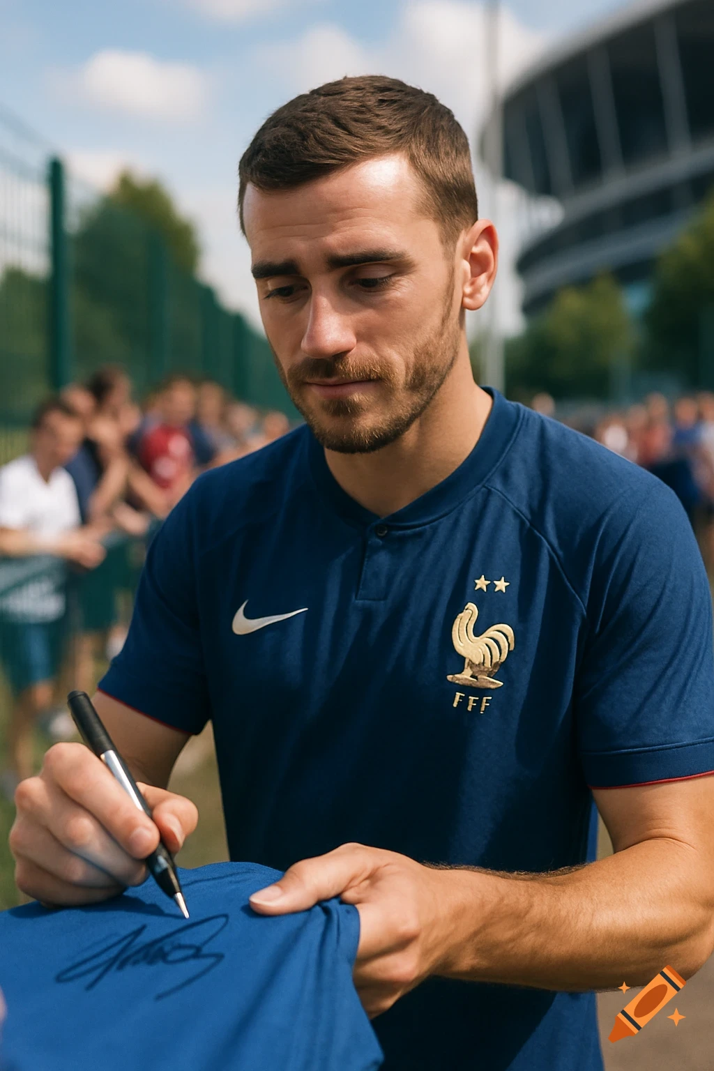 Photorealistic image of a male football player in a blue jersey signing an autograph outdoors with fans and a stadium in the background.